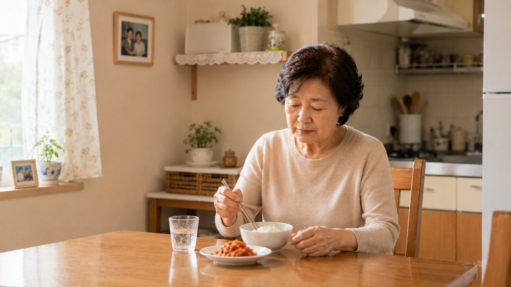 혼자 밥과 김치로 간단하게 끼니를 챙기시는 60대 어머니의 식사 모습