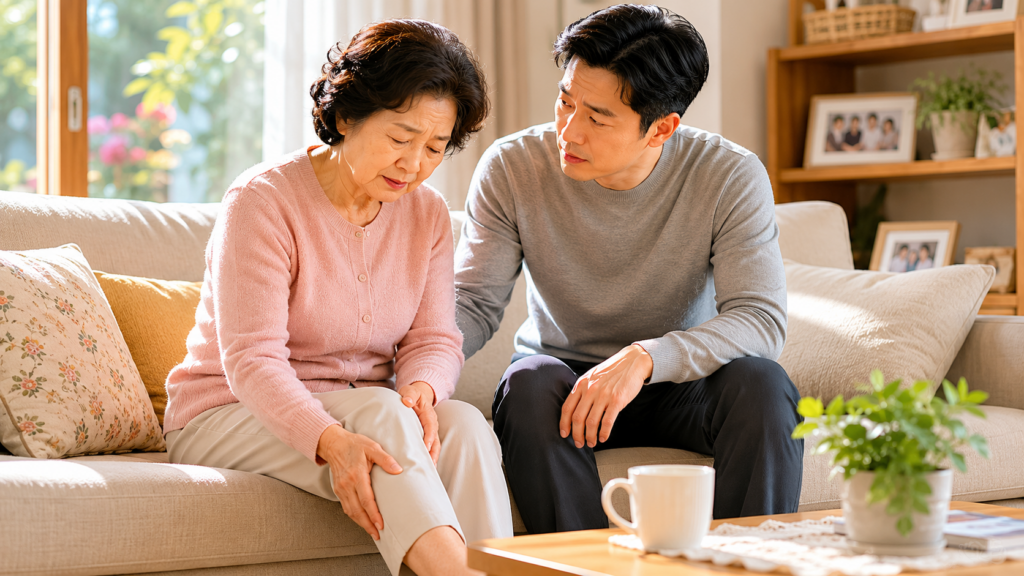 다리가 불편한 어머니를 걱정스럽게 바라보는 40대 아들 부모님 근감소증 자가진단 필요