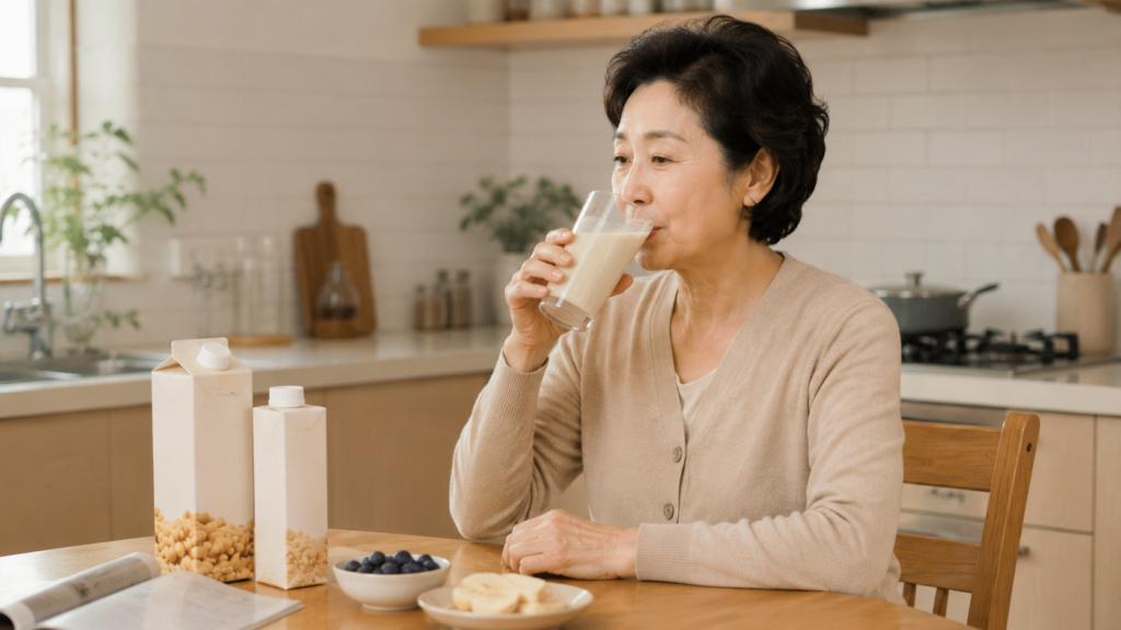 소화가 편한 두유와 단백질 음료로 부족한 영양을 보충하시는 60대 여성
