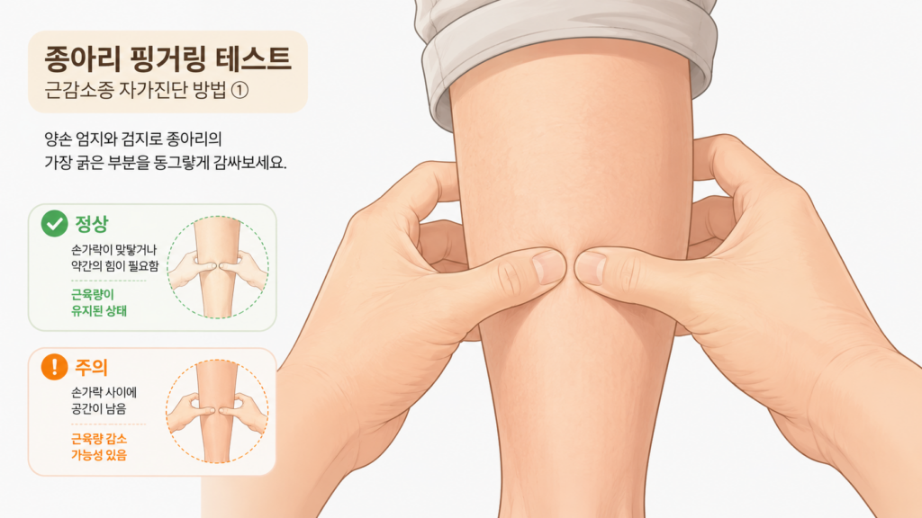 종아리 핑거링 테스트 방법 양손 엄지와 검지로 종아리를 감싸 근감소증 자가진단하는 인포그래픽