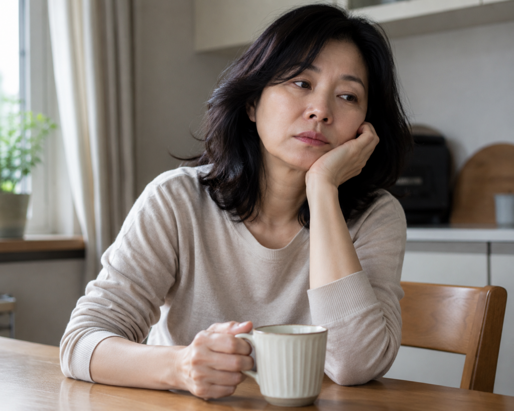50대 여성이 낮에 피로감을 느끼며 멍하게 앉아있는 모습