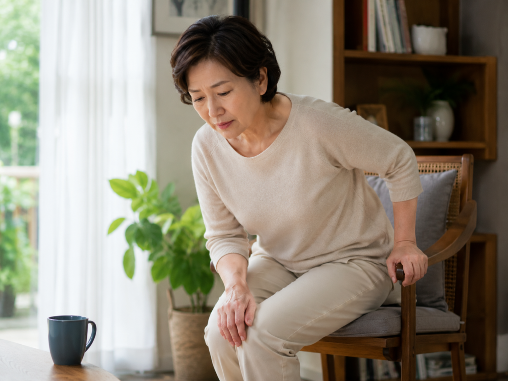60대 여성이 의자에서 일어나며 무릎을 짚는 모습