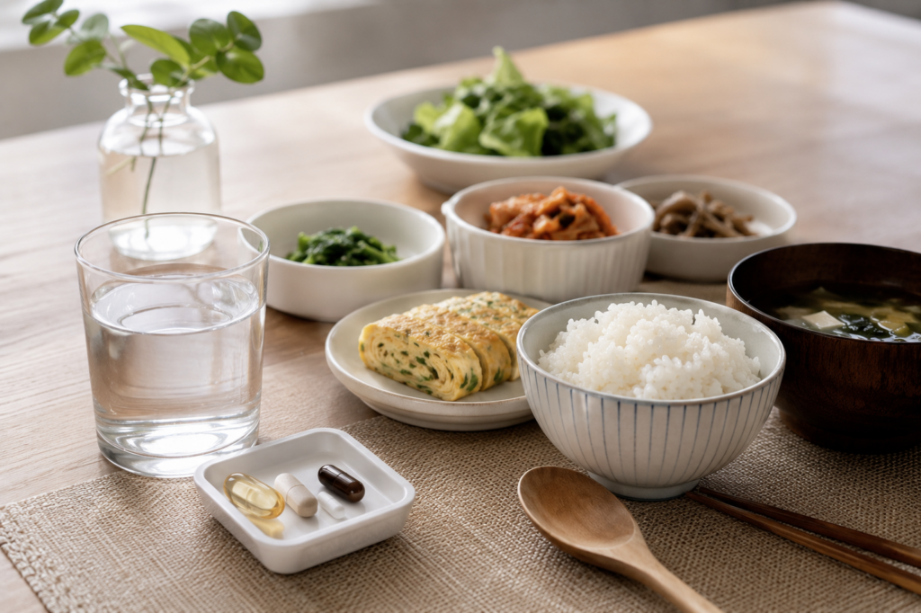 한식 아침 밥상 위에 종합비타민 영양제와 물컵이 놓인 모습