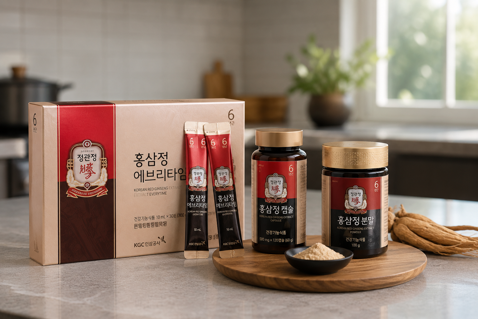 다양한 홍삼 제품들이 놓인 한국 주방 카운터