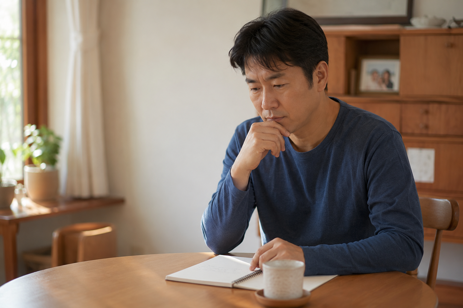 40대 한국 남성이 바나바잎 효능과 혈당 관리에 대해 조사하는 모습