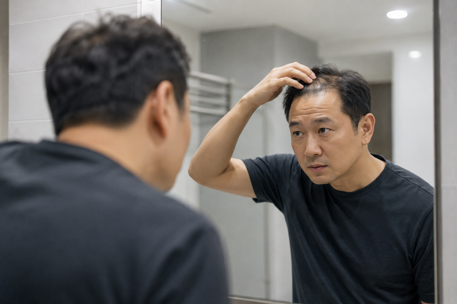 40대 한국 남성이 거울 앞에서 탈모를 걱정하는 모습