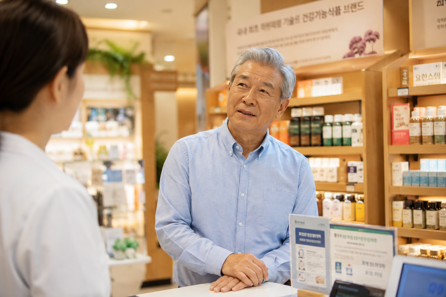 건강 보조제 매장에서 물건을 기억하려는 70대 한국 남성