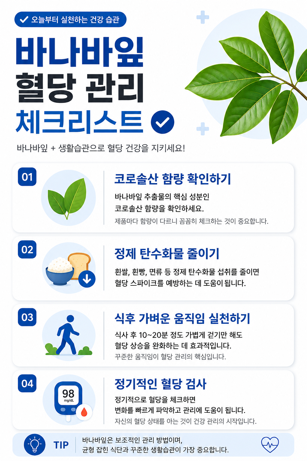 바나바잎 혈당 관리 체크리스트 인포그래픽