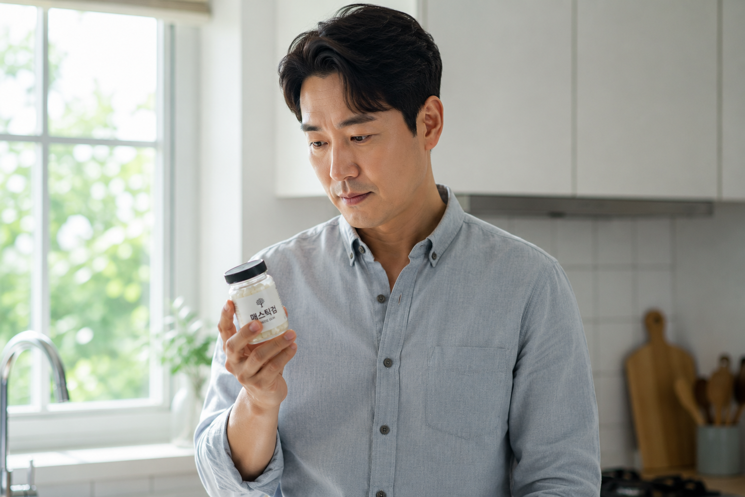 40대 한국 남성이 매스틱검 캡슐을 들고 있는 모습