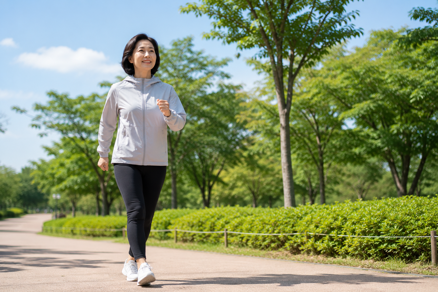 50대 한국 여성이 건강한 생활을 위해 공원에서 걷는 모습