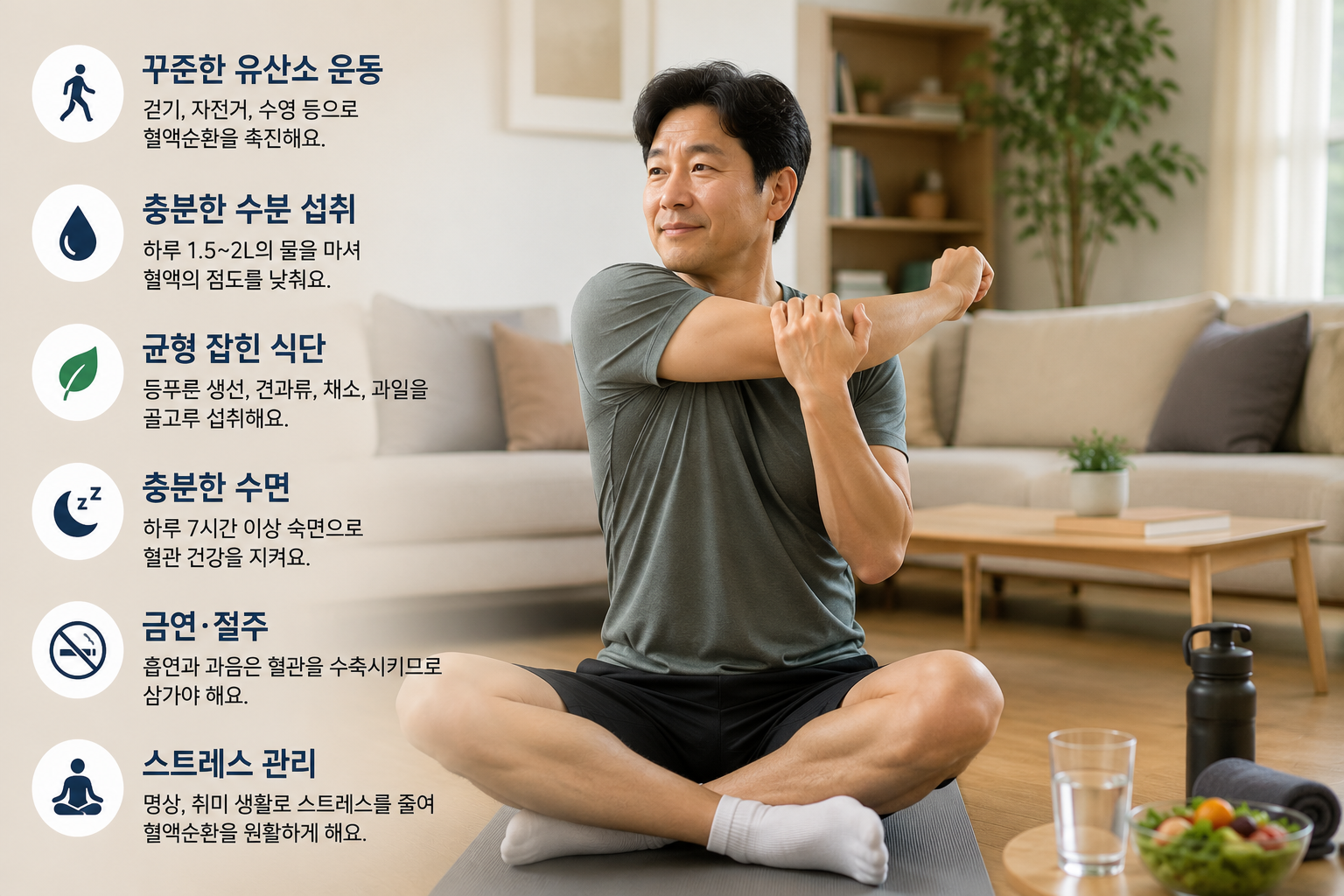 혈액순환을 위한 건강한 생활습관을 실천하는 4050 한국 남성