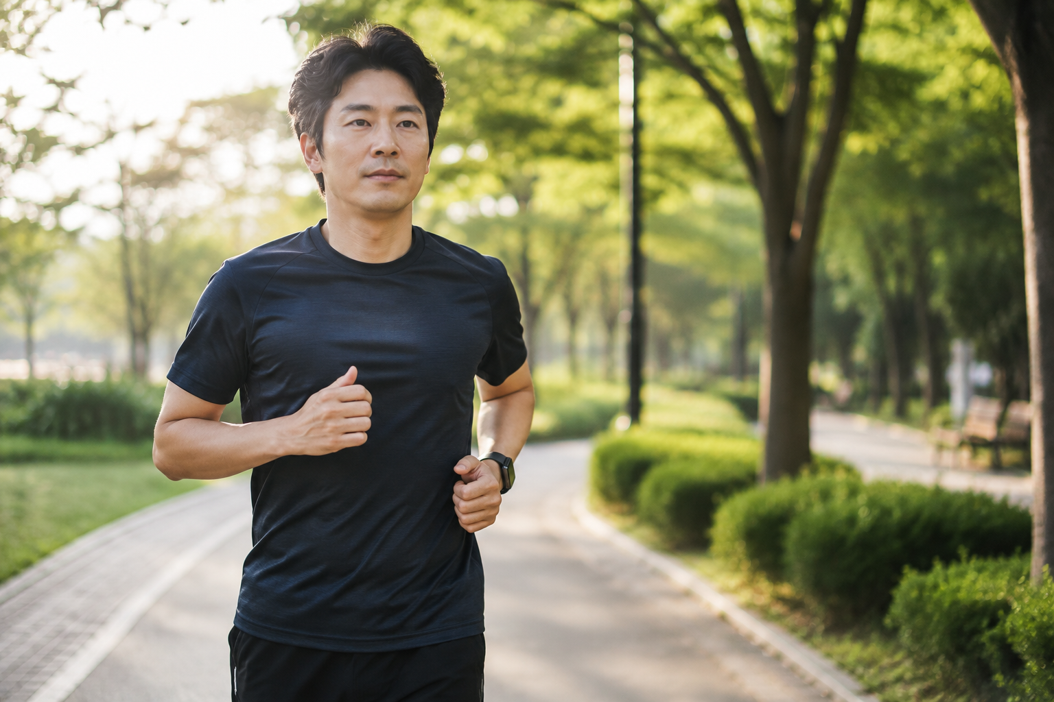 40대 한국 남성이 공원에서 아침 조깅을 하는 모습